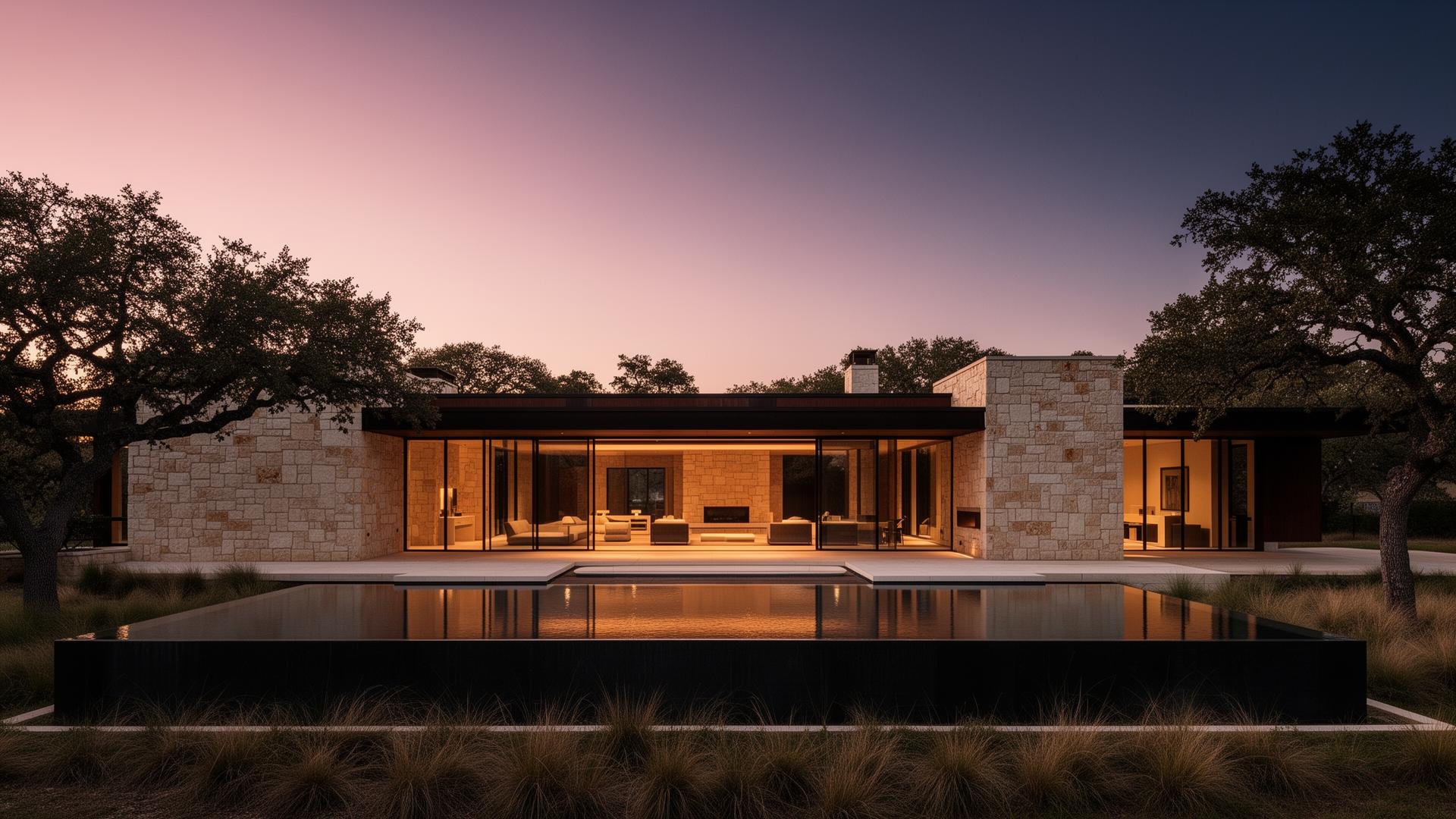Modern luxury Texas Hill Country estate at dusk